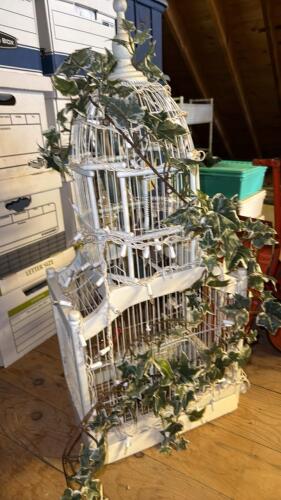 White Decorative Birdcage With Artificial Ivy and Lights
