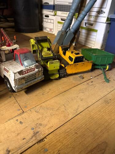 Vintage Nylint Fire Truck, Tonka Excavator, Dozer, Ertl Trailer