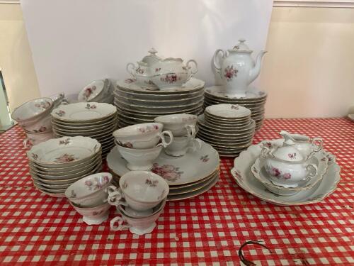Porcelain Dinnerware Set With Floral and Gilt Rim