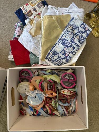 Assorted Fabric Pieces and Craft Ribbon Spools