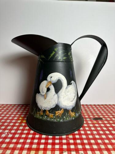 Metal Pitcher With Hand Painted Goose and Floral Motif