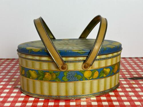 Vintage Tin Deco Basket with Handles Fruit Motif