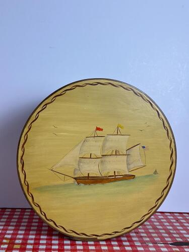 Hand-Painted Wooden Box With Sailing Ship Motif