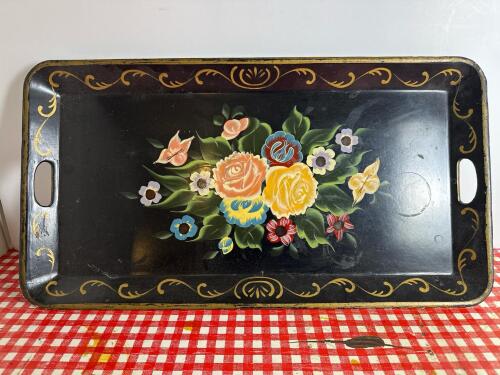 Tole Painted Metal Serving Tray With Floral Design