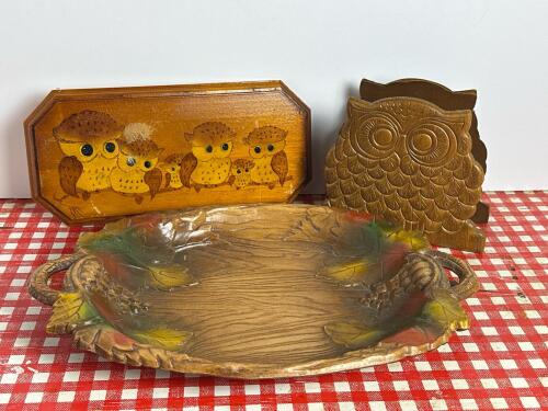 Wooden Owl Plaque, Owl Napkin Holder, Embossed Leaf Tray