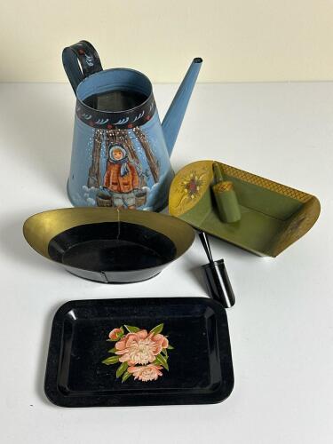 Hand-Painted Folk Art Style Tin Watering Can, and Trays