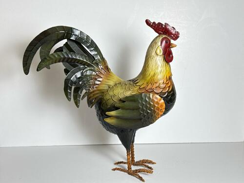 Metal Rooster Sculpture Folk Art-Style