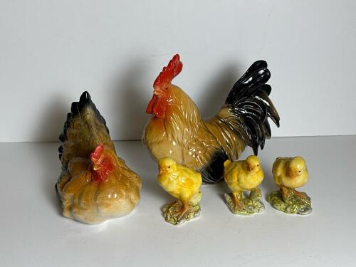 Porcelain Rooster, Hen, and Chicks Figurines Farmhouse-Style