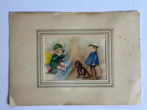 6.75" x 5 Vintage Illustration Card With Children and Dog, Early 20th Century-Style