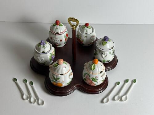Lenox Porcelain Jam Jars With Spoons on Wooden Stand
