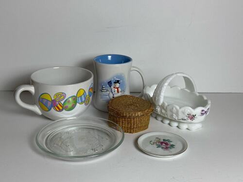 Assorted Milk Glass Basket With Embossed Fruit, Painted Flowers and Bowl