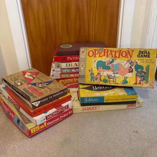 Vintage Board Games, Woodburning Sets, & Electronics Kit