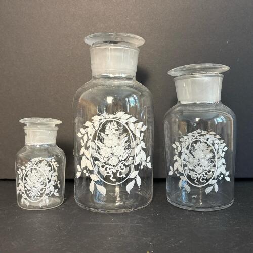 Trio of Glass Apothecary Jars with Floral Motifs