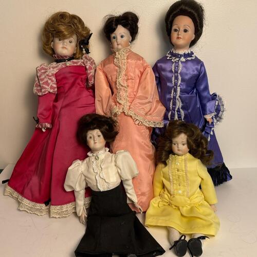 Vintage Porcelain Dolls in Victorian-Style Dresses