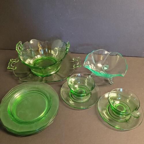 Green Uranium Depression Glass Bowls, Plates, Cups and Saucers