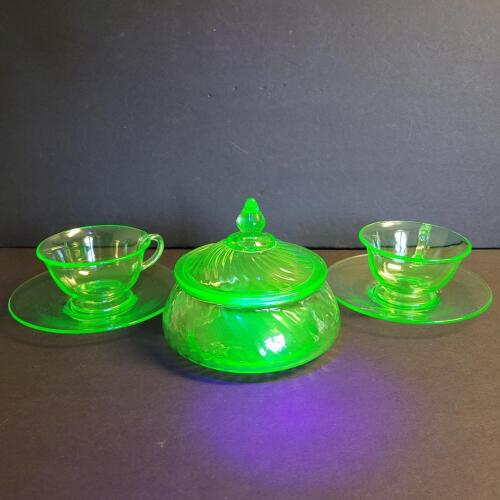 Green Uranium Depression Glass Cups and Covered Sugar Bowl