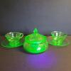 Green Uranium Depression Glass Cups and Covered Sugar Bowl