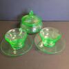 Green Uranium Depression Glass Cups and Covered Sugar Bowl - 2