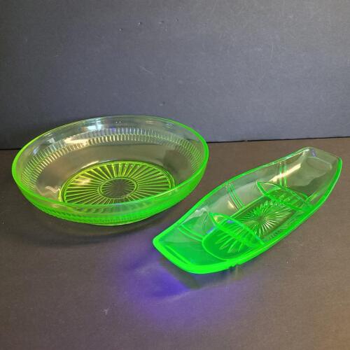 Uranium Depression Glass Serving Bowl and Divided Relish Tray UV Reactive