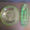 Uranium Depression Glass Serving Bowl and Divided Relish Tray UV Reactive - 2