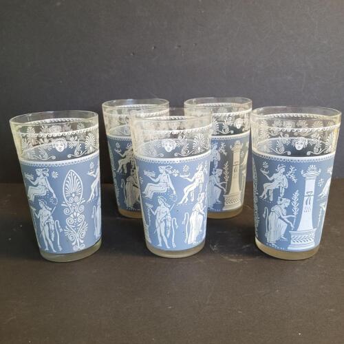Vintage Blue Greek Key Motif Drinking Glasses