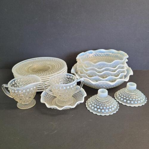 Opalescent Hobnail-Pattern Glass Bowls, Plates, and Creamer Set