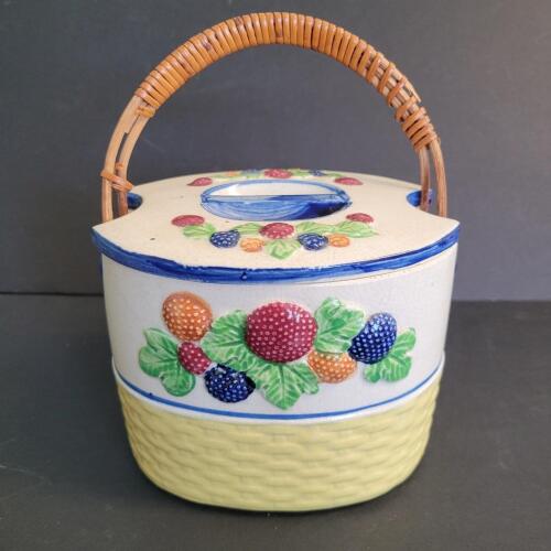 Vintage Japanese Majolica-Style Ceramic Biscuit Jar with Fruit Relief