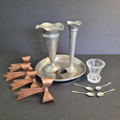 Assorted Tableware Items: Pewter Vases, Plate, Napkin Rings, Glass Toothpick Holder, Small Spoons