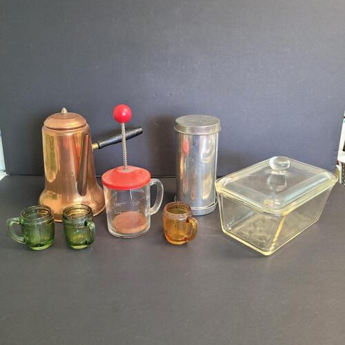 Assorted Vintage Kitchenware: Percolator, French Press, Deco Canister, Glasbake Dish, Mini Mugs