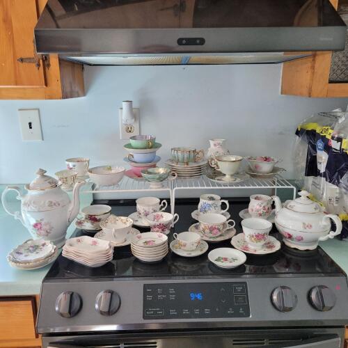Assorted Floral Fine China Tea Cups, Saucers, Teapots, and Plates