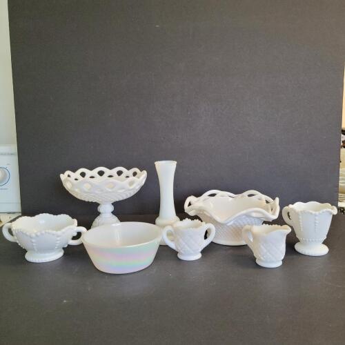 Assorted Milk Glass Compotes, Bowls, Vase, and Sugar Creamers