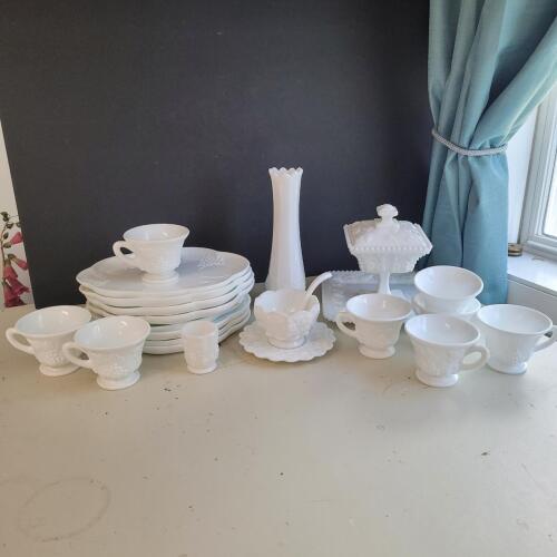 Milk Glass Grape-Pattern Dishes, Cups and Tableware Collection
