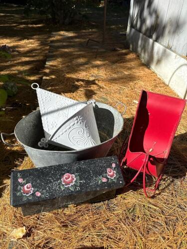 Decorative Metal Planter, Hand-Painted Trinket Box, Red Sleigh