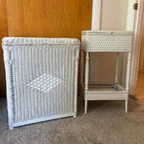 White Wicker Hamper and Side Table