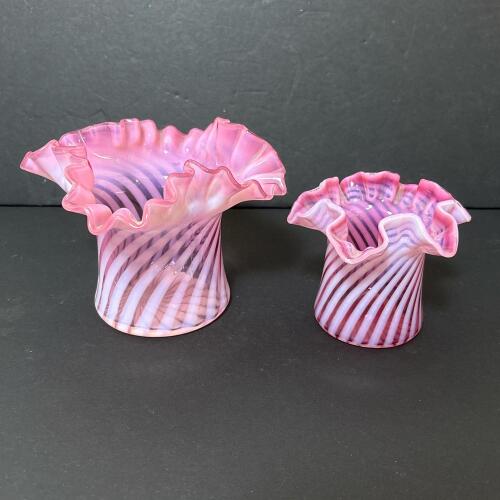 Pair of Presumed Fenton Cranberry Opalescent Swirl Vases