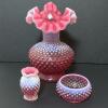 Trio of Fenton and Presumed Fenton Cranberry Opalescent Hobnail Glass Pieces