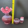 Trio of Fenton and Presumed Fenton Cranberry Opalescent Hobnail Glass Pieces - 9