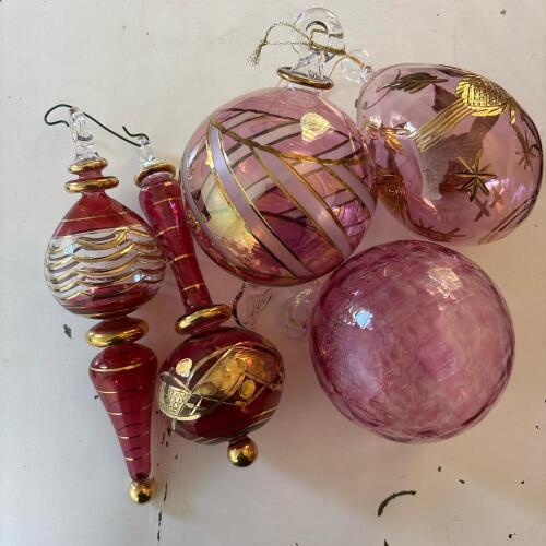 Five Pink and Cranberry Glass Christmas Ornaments