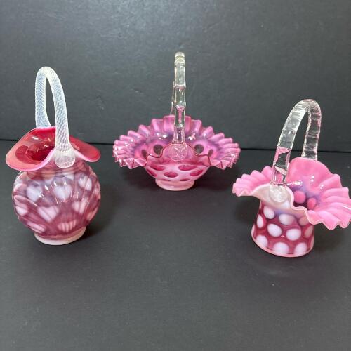 Trio of Fenton and Presumed Fenton Cranberry Opalescent Glass Baskets