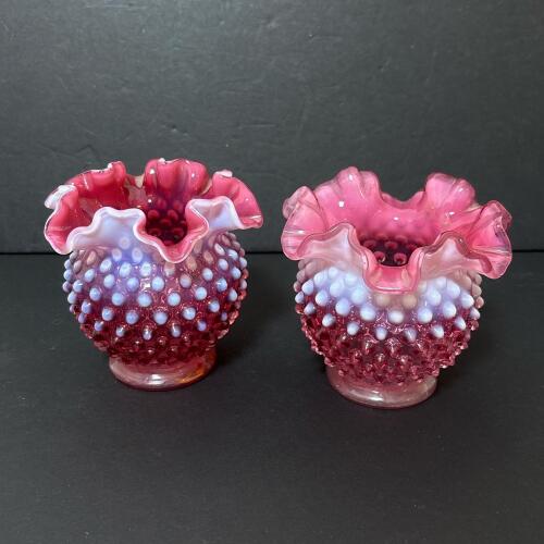 Pair of Presumed Fenton Cranberry Opalescent Hobnail Vases
