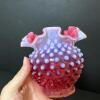 Pair of Presumed Fenton Cranberry Opalescent Hobnail Vases - 5