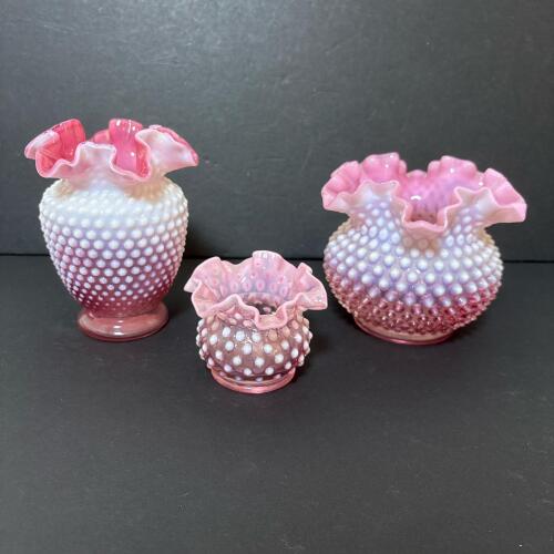 Presumed Fenton Cranberry Opalescent Hobnail Glass Trio