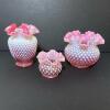 Presumed Fenton Cranberry Opalescent Hobnail Glass Trio