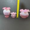 Presumed Fenton Cranberry Opalescent Hobnail Glass Trio - 9