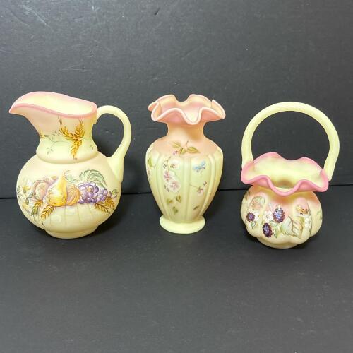 Fenton Hand-Painted Glass Pitcher, Vase and Basket