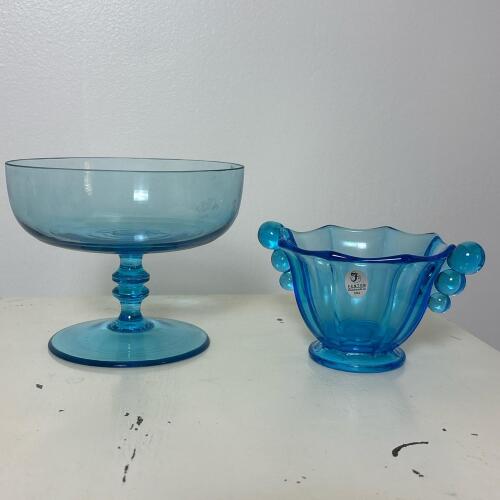 Fenton Blue Glass Compote and Dot Handle Sugar Bowl