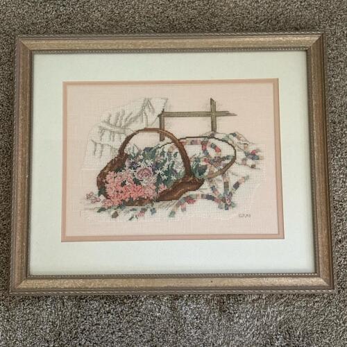 18.5" x 15.5" Framed Floral Basket Cross-Stitch