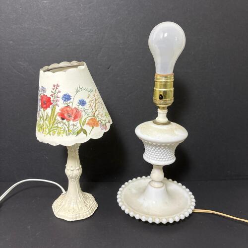 Pair of Vintage Table Lamps: Milk Glass Hobnail and Floral