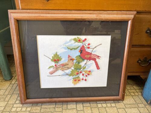 23" x 19" Framed Cardinal Cross Stitch Signed Marcia Daley