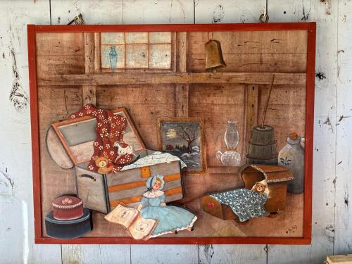 Folk Art Wall Hanging With Raised Painted Still Life Scene